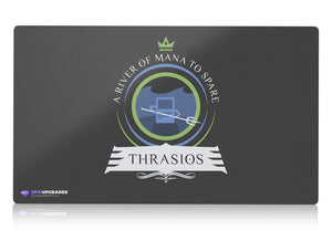 Thrashing waves surround Thrasios, the Triton Hero, as he wields immense power, ready to embark on epic adventures in the vast world of Magic: The Gathering. A vibrant and captivating playmat for devoted MTG enthusiasts.
