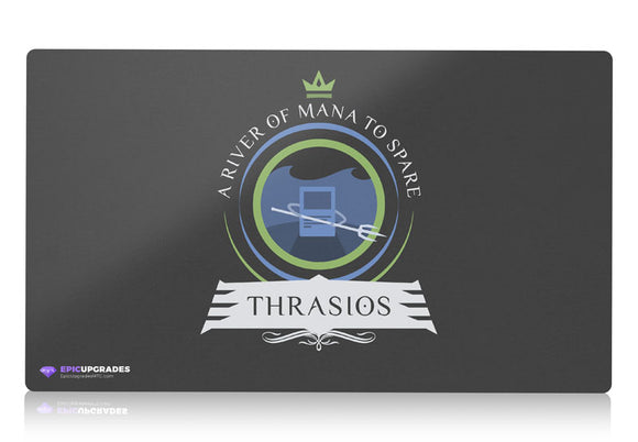 Thrashing waves surround Thrasios, the Triton Hero, as he wields immense power, ready to embark on epic adventures in the vast world of Magic: The Gathering. A vibrant and captivating playmat for devoted MTG enthusiasts.