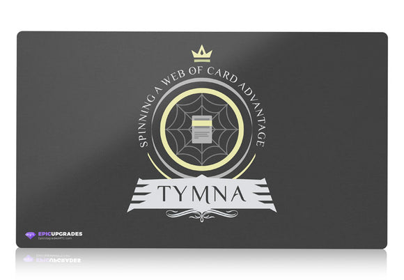 MTG-themed playmat featuring Tymna the Weaver, a legendary commander from the Magic: The Gathering card game. Tymna is a skilled weaver, surrounded by mystical threads and artifacts, ready to lead your deck to victory.