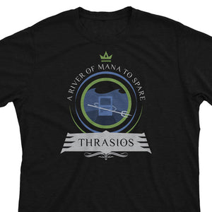 Boldly leading an army of sea creatures, Thrasios, the Triton Hero, wields his power on this epic MTG-themed t-shirt. A must-have for Commander players. Dive into the adventure!