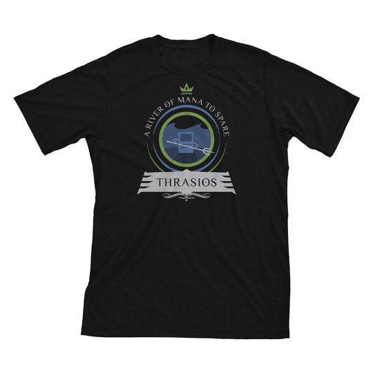Boldly leading an army of sea creatures, Thrasios, the Triton Hero, wields his power on this epic MTG-themed t-shirt. A must-have for Commander players. Dive into the adventure!