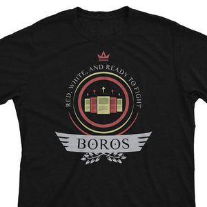 Boros pride shines bright! A red and white MTG t-shirt featuring fierce warriors, soaring angels, and burning passion. Unleash your fiery spirit!