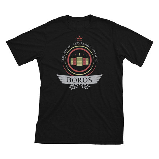 Boros pride shines bright! A red and white MTG t-shirt featuring fierce warriors, soaring angels, and burning passion. Unleash your fiery spirit!