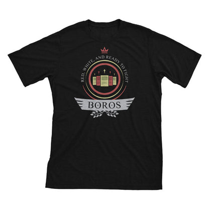 Boros pride shines bright! A red and white MTG t-shirt featuring fierce warriors, soaring angels, and burning passion. Unleash your fiery spirit!