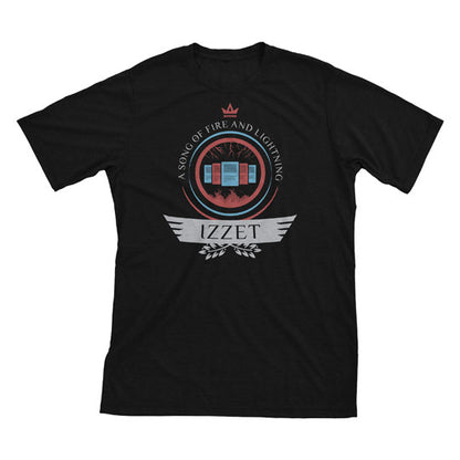 An electrifying MTG t-shirt featuring the Izzet guild's iconic emblem, showcasing their mastery of fire and lightning in a vibrant and spellbinding design. Perfect for any avid Planeswalker.