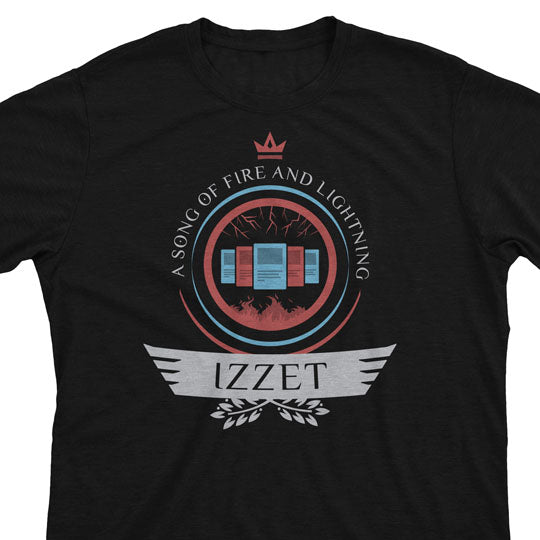 An electrifying MTG t-shirt featuring the Izzet guild's iconic emblem, showcasing their mastery of fire and lightning in a vibrant and spellbinding design. Perfect for any avid Planeswalker.