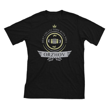 Darkly elegant Orzhov-themed MTG t-shirt, showcasing the iconic guild's symbol and intricate design. Embrace the power of wealth and the afterlife with this stylish, limited edition garment. Perfect for fans of control, decadence, and the shadows of Orzhov Syndicate.