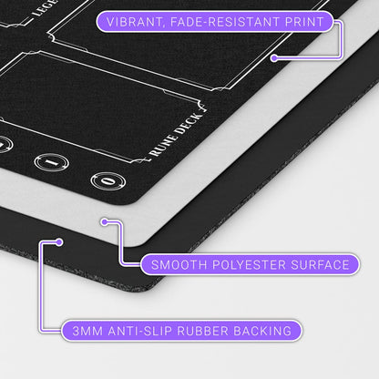 Minimal Riftbound playmat for TCG players, 24x14 inch card game mat with zone layout and 7 color options for organized tabletop play.